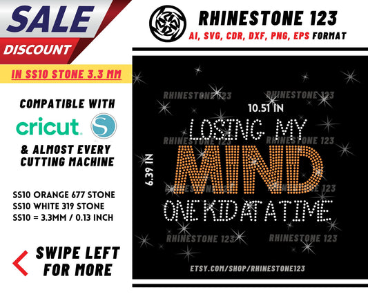 Losing My Mind One Kid At A Time Rhinestone Template, Rhinestone SVG, cricut, silhouette, Rhinestone File for SS10, PNG, AI, cdr, dxf, eps