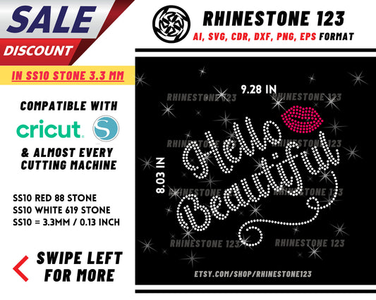 Hello Beautiful Rhinestone Template, Rhinestone File for SS10, Rhinestone SVG, cricut, silhouette, PNG, AI, cdr, dxf, eps