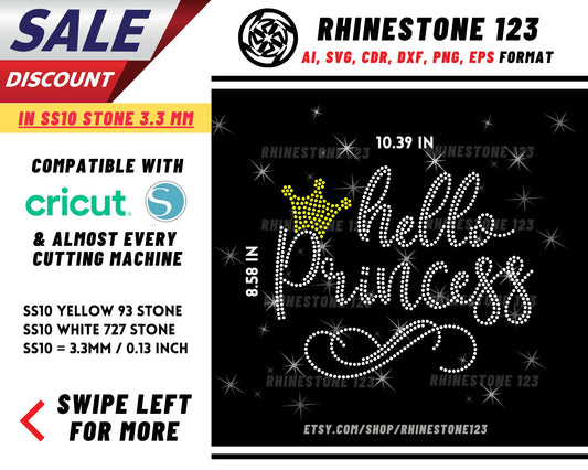 Hello Princess Rhinestone Template, Rhinestone File for SS10, Rhinestone SVG, cricut, silhouette, PNG, AI, cdr, dxf, eps