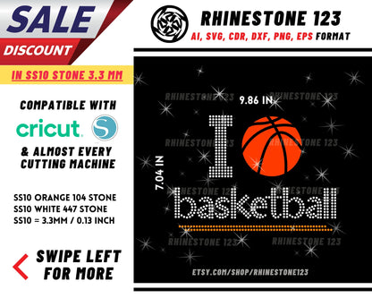 Htv I Love Basketball Rhinestone Template, Rhinestone SVG, cricut, silhouette, Rhinestone File for SS10, PNG, AI, cdr, dxf, eps