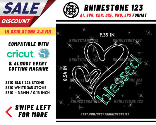 Outline Heart Blessed Rhinestone Template, Rhinestone SVG, cricut, silhouette, Rhinestone File for SS10, PNG, AI, cdr, dxf, eps