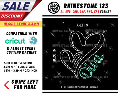 Outline Heart Diva Rhinestone Template, Rhinestone SVG, cricut, silhouette, Rhinestone File for SS10, PNG, AI, cdr, dxf, eps