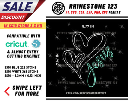 Outline Heart Jesus Rhinestone Template, Rhinestone SVG, cricut, silhouette, Rhinestone File for SS10, PNG, AI, cdr, dxf, eps