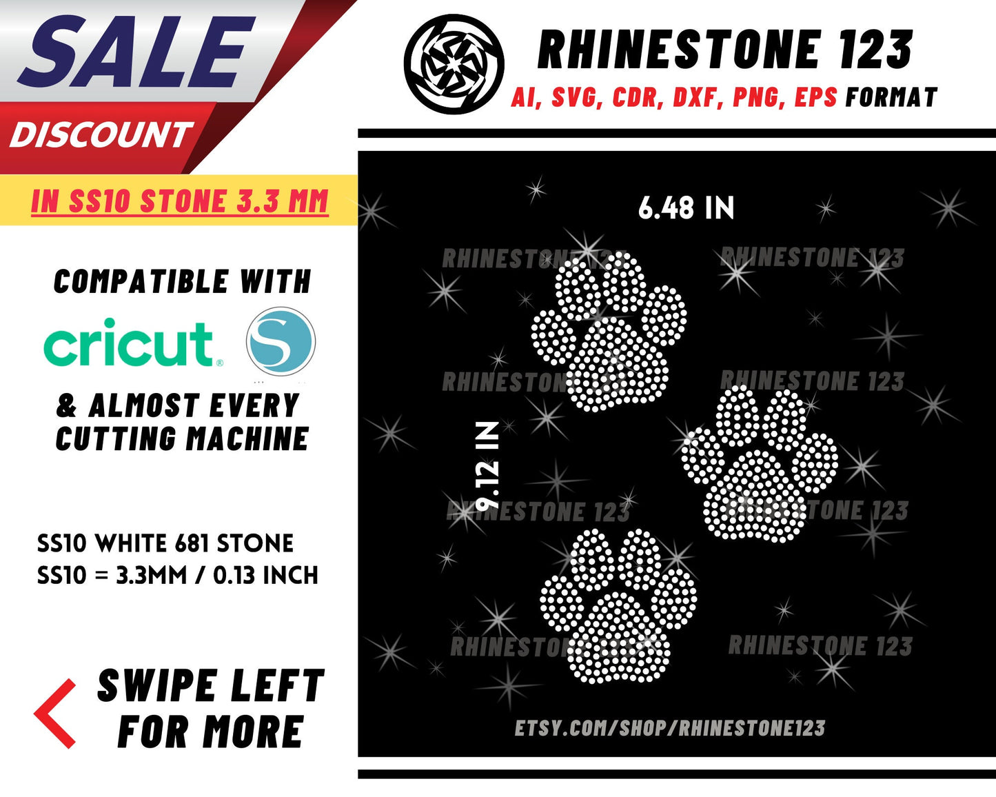 Cat Dog 3 Paws Rhinestone Template, Rhinestone File for SS10, Rhinestone SVG, cricut, silhouette, PNG, AI, cdr, dxf, eps