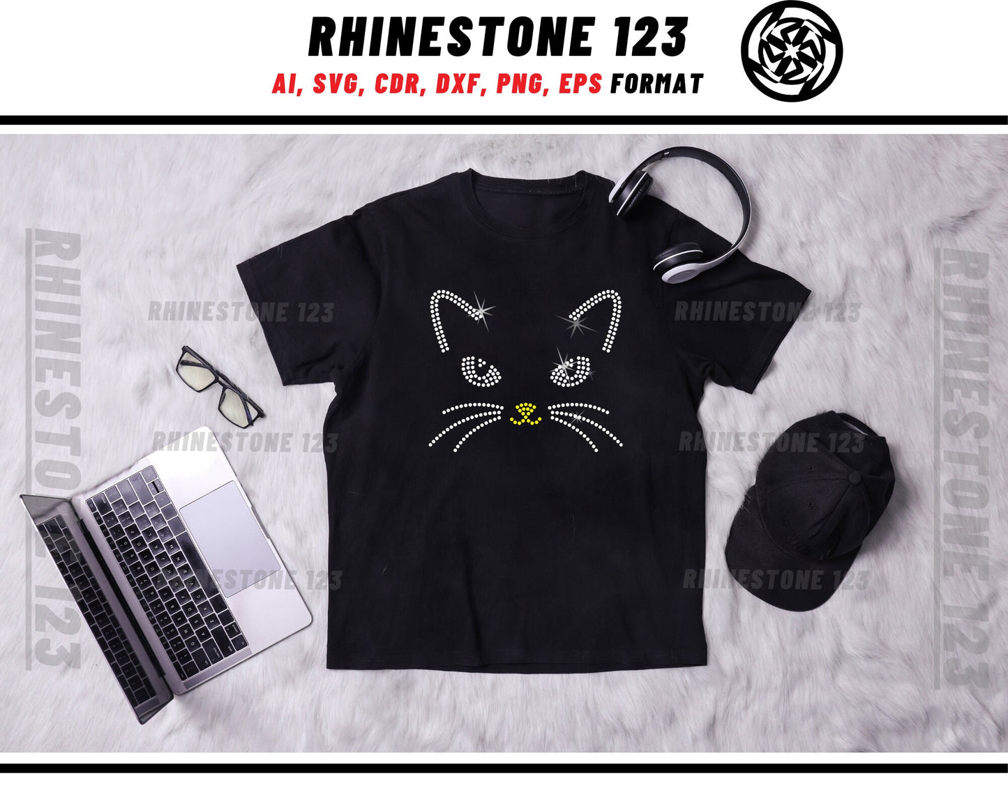 Cat Face Rhinestone Template, Rhinestone SVG, cricut, silhouette, Rhinestone File for SS10, PNG, AI, cdr, dxf, eps