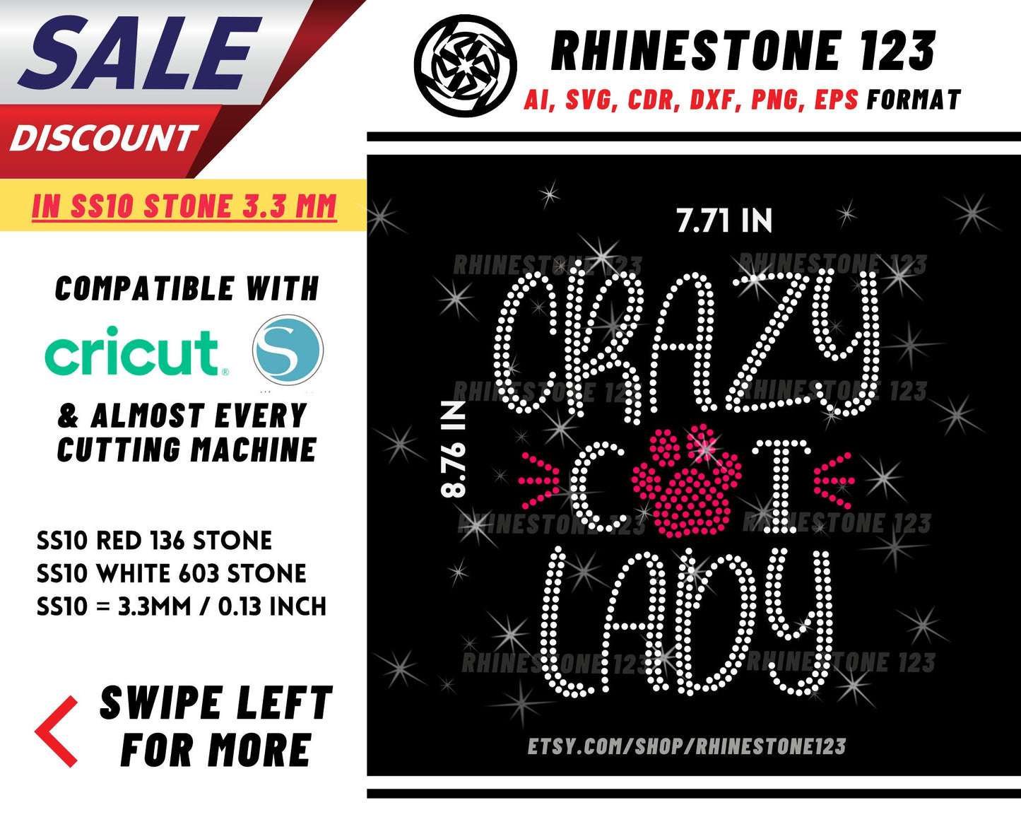 Crazy Cat Lady Rhinestone Template, Rhinestone File for SS10, Rhinestone SVG, cricut, silhouette, PNG, AI, cdr, dxf, eps