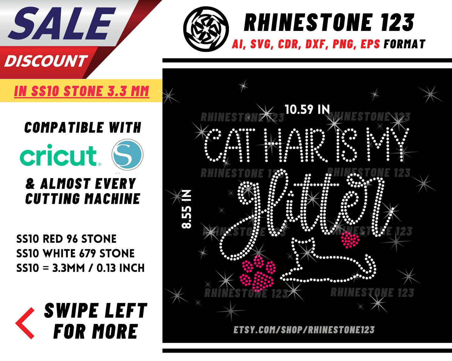 Cat Hair Is My Glitter Rhinestone Template, Rhinestone File for SS10, Rhinestone SVG, cricut, silhouette, PNG, AI, cdr, dxf, eps