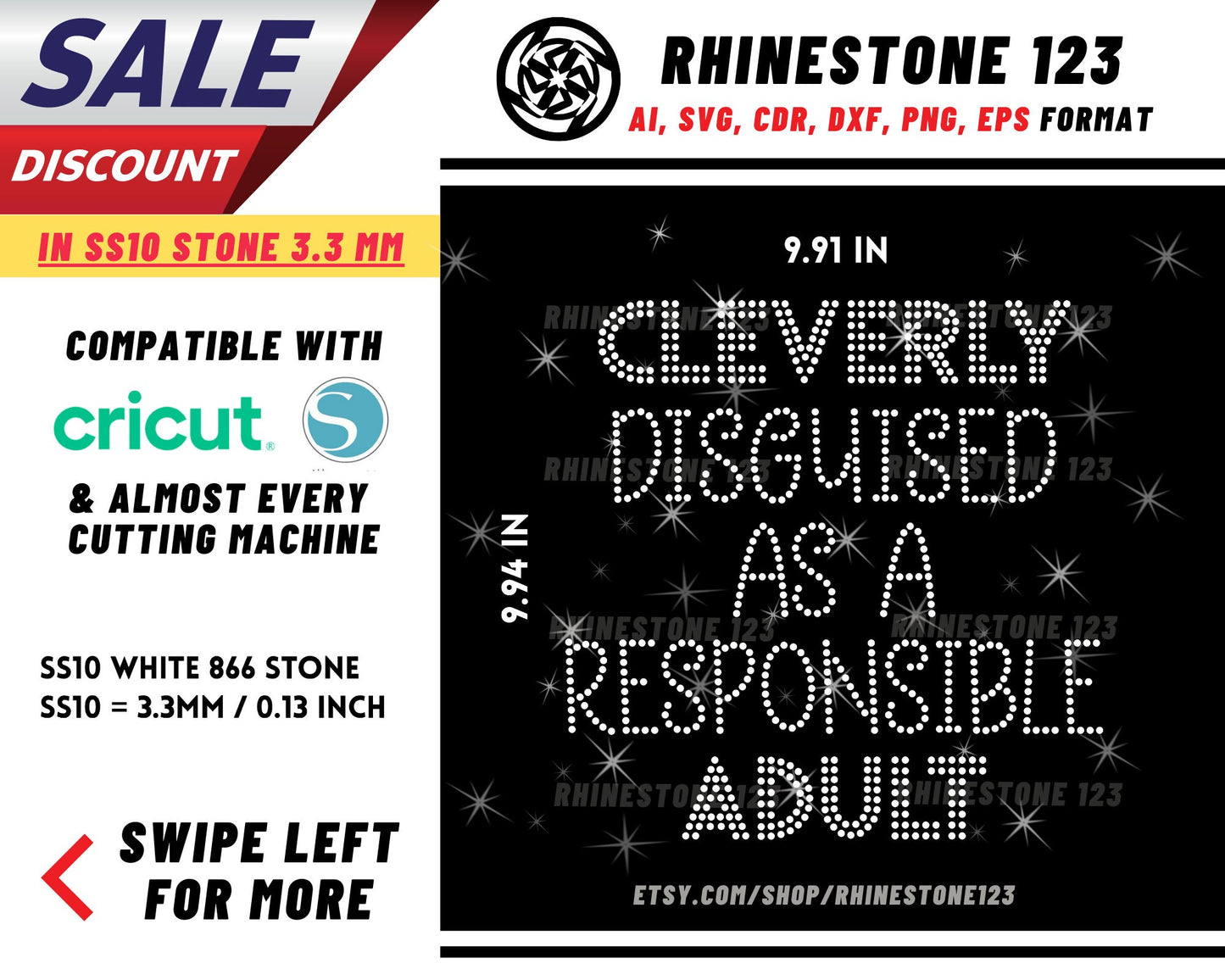 Cleverly Disguised As A Responsible Adult Rhinestone Template, Rhinestone File for SS10, Rhinestone SVG, cricut, silhouette, PNG, AI, dxf