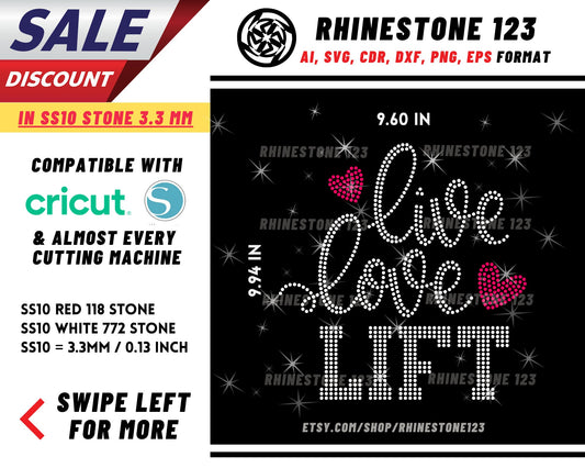 Live Love Lift Rhinestone Template, cricut, silhouette, Rhinestone SVG, Rhinestone File for SS10, PNG, AI, cdr, dxf, eps