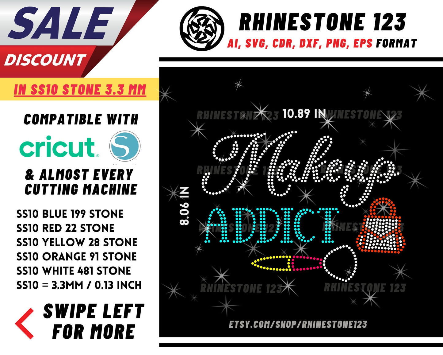 Makeup Addict Rhinestone Template, Rhinestone File for SS10, Rhinestone SVG, cricut, silhouette, PNG, AI, cdr, dxf, eps