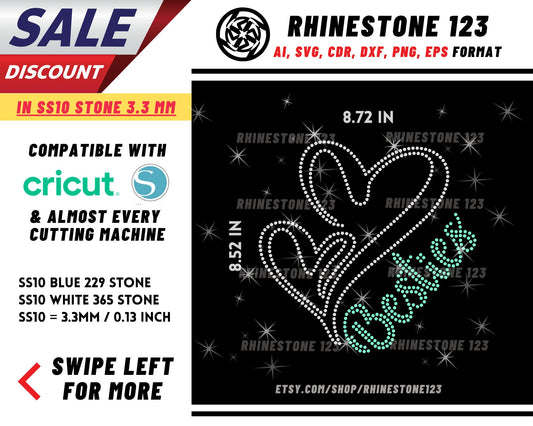 Outline Heart Besties Rhinestone Template, Rhinestone SVG, cricut, silhouette, Rhinestone File for SS10, PNG, AI, cdr, dxf, eps