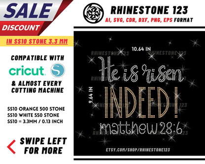 Christian He Is Risen Indeed Metthew 28:6 Rhinestone Template, cricut, silhouette, Rhinestone SVG, Rhinestone File for SS10, PNG, AI, dxf