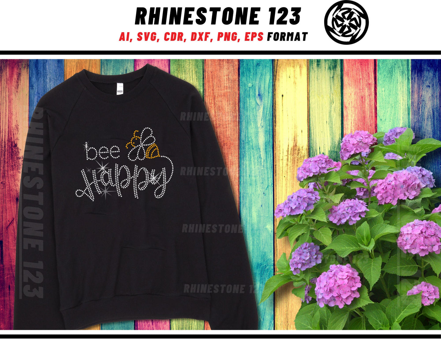 Bee Happy Rhinestone Template, Rhinestone File for SS10, Rhinestone SVG, cricut, silhouette, PNG, AI, cdr, dxf, eps