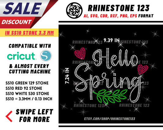 Hello Spring Rhinestone Template, Rhinestone SVG, cricut, silhouette, Rhinestone File for SS10, PNG, AI, cdr, dxf, eps