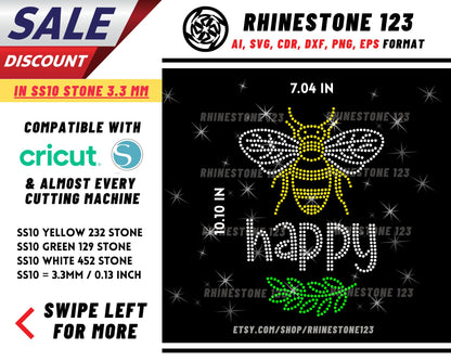 Bee Hive Be Happy Rhinestone Template, Rhinestone SVG, cricut, silhouette, Rhinestone File for SS10, PNG, AI, cdr, dxf, eps