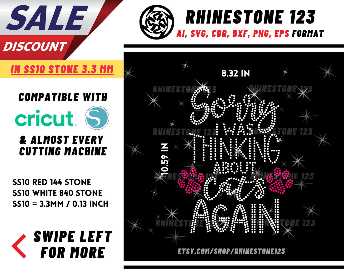 Sorry I Was Thinking About Cats Again Rhinestone Template, Rhinestone File for SS10, Rhinestone SVG, cricut, silhouette, PNG, AI, cdr, dxf