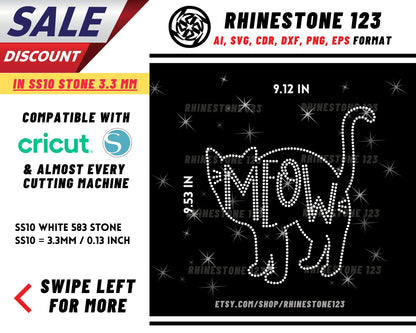 Cat Outline Meow Rhinestone Template for Cricut rhinestone template material rhinestone SS10 Instant Download File svg eps png dxf ai cdr