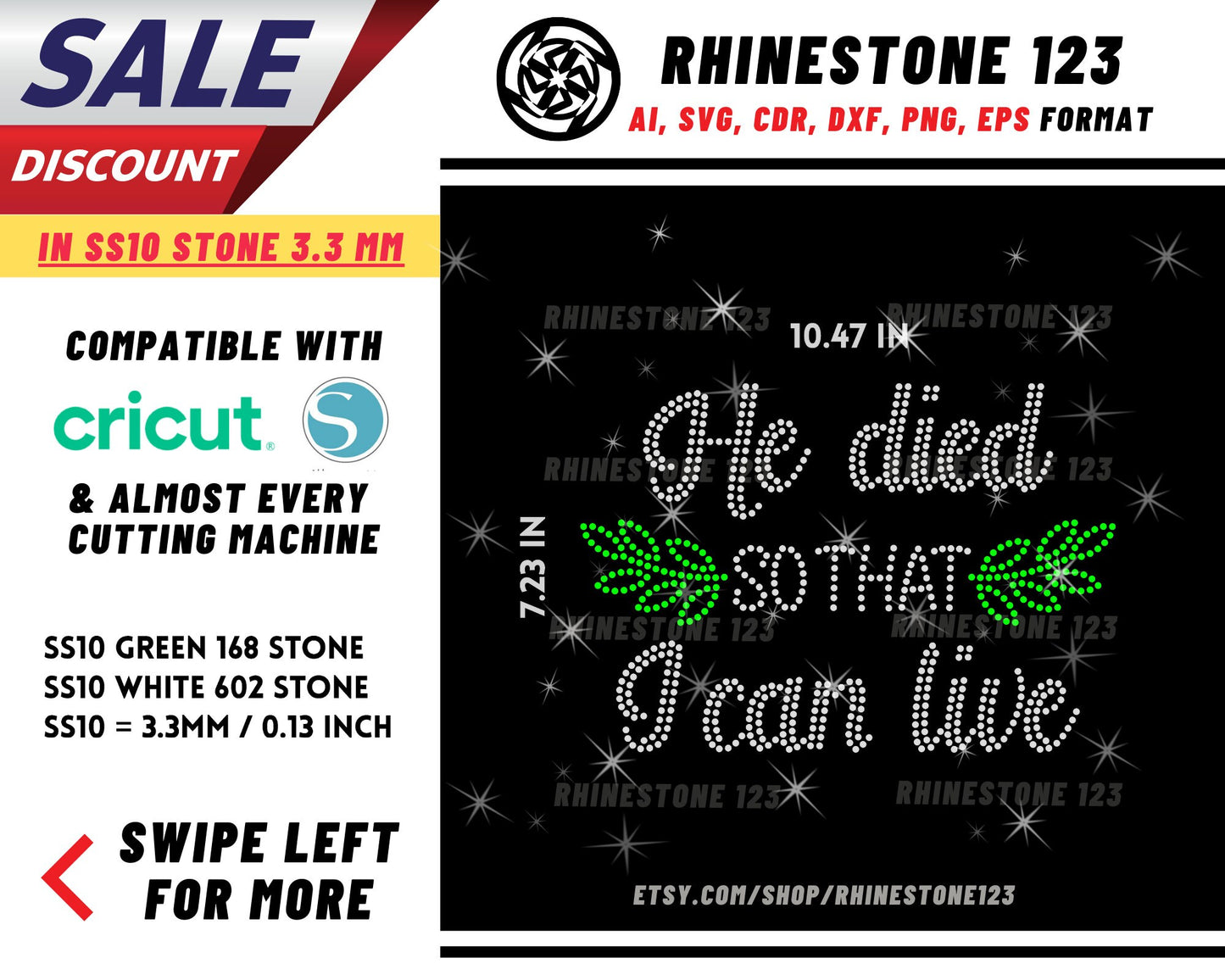 Christian He Died So That I Can Live Rhinestone Template, cricut, silhouette, Rhinestone SVG, Rhinestone File for SS10, PNG, AI, cdr, dxf