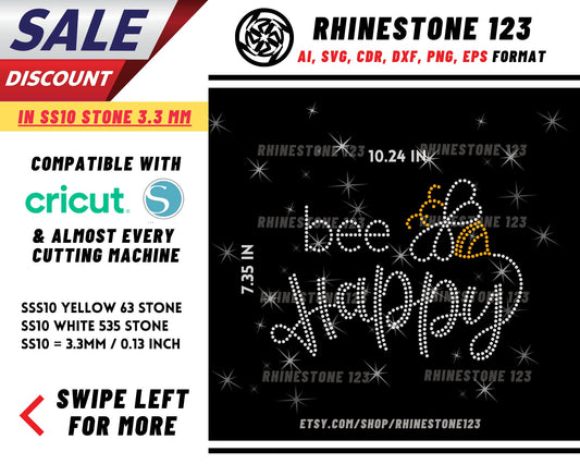 Bee Happy Rhinestone Template, Rhinestone File for SS10, Rhinestone SVG, cricut, silhouette, PNG, AI, cdr, dxf, eps