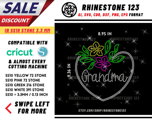 Floral Heart Grandma Rhinestone Template, cricut, silhouette, Rhinestone SVG, Rhinestone File for SS10, PNG, AI, cdr, dxf, eps