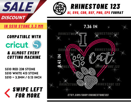 I Love Cats Rhinestone Template, Rhinestone File for SS10, Rhinestone SVG, cricut, silhouette, PNG, AI, cdr, dxf, eps