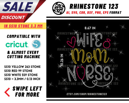 Wife Mom Nurse Rhinestone Template, Rhinestone SVG, cricut, silhouette, Rhinestone File for SS10, PNG, AI, cdr, dxf, eps