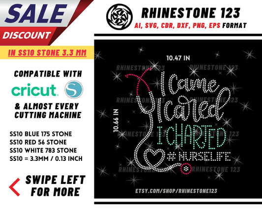 I Came I Cared I Charted Rhinestone Template, cricut, silhouette, Rhinestone SVG, Rhinestone File for SS10, PNG, AI, cdr, dxf, eps