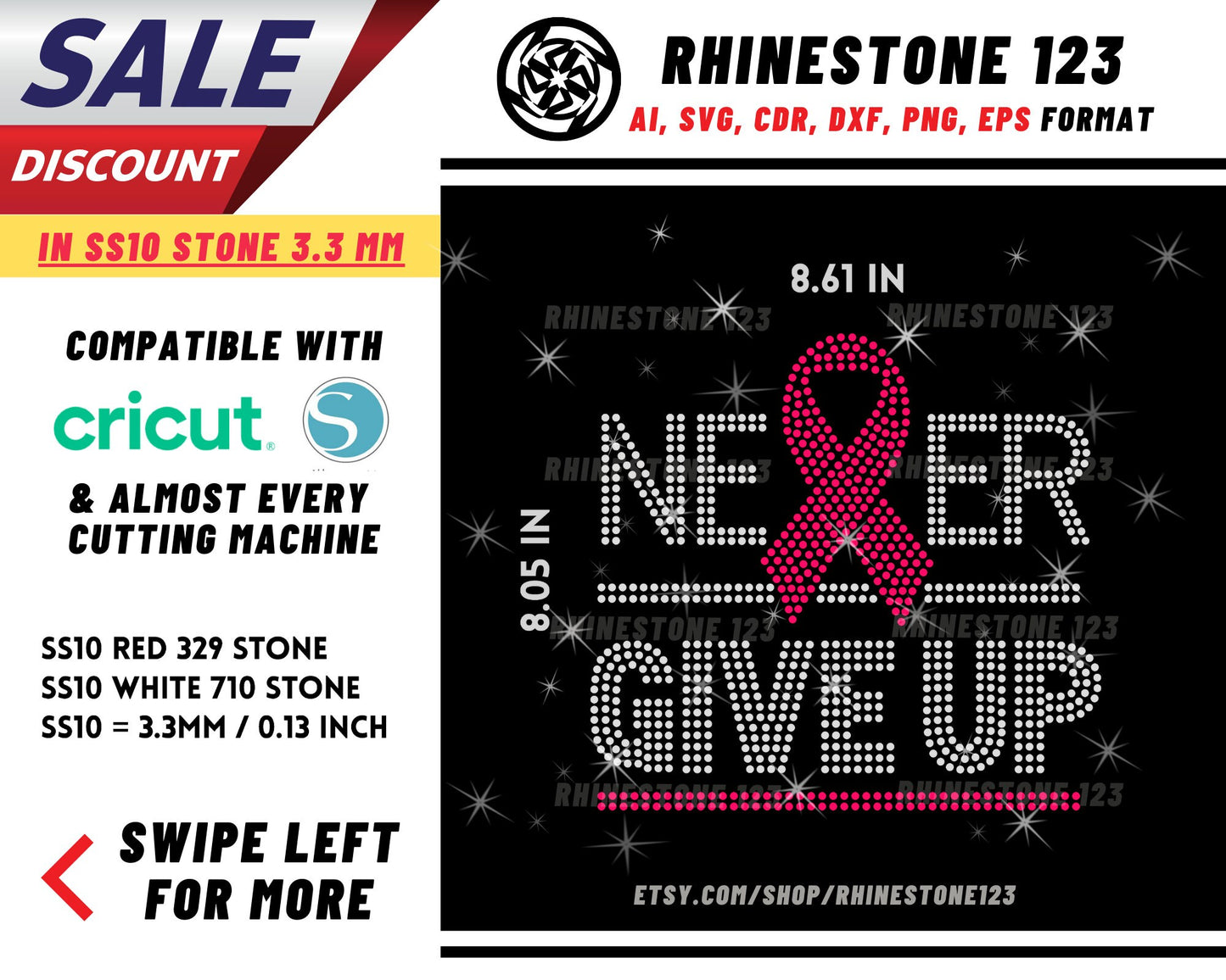 Never Give Up Cancer Awareness Rhinestone Template for Cricut template rhinestone SS10 Instant Download File svg eps png dxf ai cdr