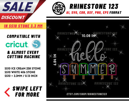 Hello Summer Rhinestone Template, Rhinestone SVG, cricut, silhouette, Rhinestone File for SS10, PNG, AI, cdr, dxf, eps