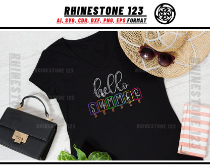 Hello Summer Rhinestone Template, Rhinestone SVG, cricut, silhouette, Rhinestone File for SS10, PNG, AI, cdr, dxf, eps