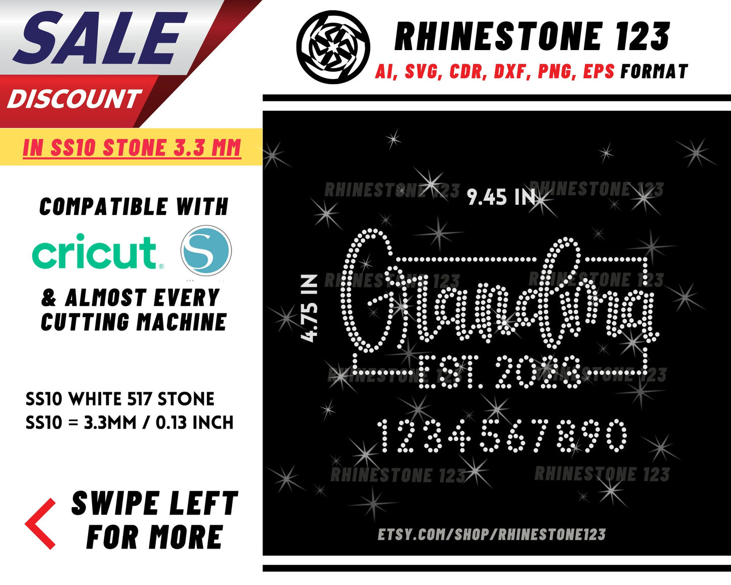 Grandma Est 2023 With All Numbers Rhinestone Template, cricut, silhouette, Rhinestone SVG, Rhinestone File for SS10, PNG, AI, cdr, dxf, eps