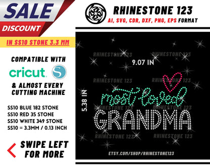 Most Loved Grandma Rhinestone Template, cricut, silhouette, Rhinestone SVG, Rhinestone File for SS10, PNG, AI, cdr, dxf, eps