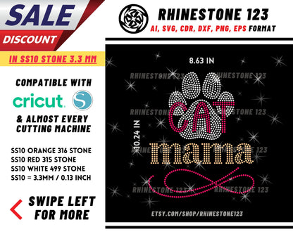 Cat Mama Rhinestone Template, Rhinestone SVG, cricut, silhouette, Rhinestone File for SS10, PNG, AI, cdr, dxf, eps