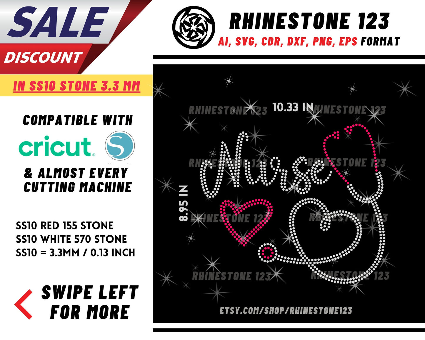 Nurse Heart Stethoscope Rhinestone Template, Rhinestone SVG, cricut, silhouette, Rhinestone File for SS10, PNG, AI, cdr, dxf, eps