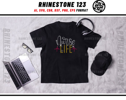 Nurse Life Heartbeat Rhinestone Template, Rhinestone File for SS10, Rhinestone SVG, cricut, silhouette, PNG, AI, cdr, dxf, eps