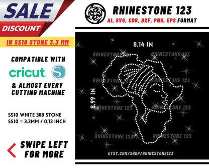 Black Lady in Africa Map Rhinestone Template, Rhinestone SVG, cricut, silhouette, Rhinestone File for SS10, PNG, AI, cdr, dxf, eps