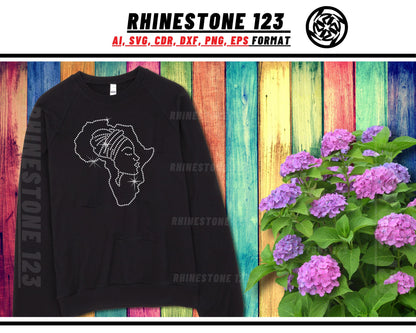 Black Lady in Africa Map Rhinestone Template, Rhinestone SVG, cricut, silhouette, Rhinestone File for SS10, PNG, AI, cdr, dxf, eps