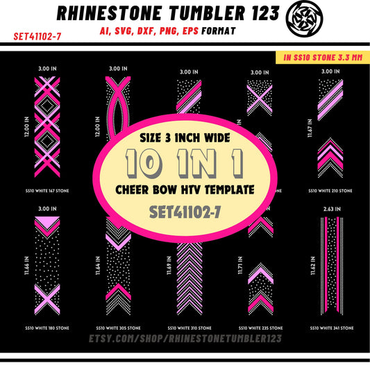 10 Cheer Bow Rhinestone Template with HTV, V tail, 3 inch rhinestone digital download for cricut, svg, eps, png, dxf, cdr, SS10 SET41102-7