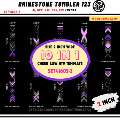 10 Cheer Bow Rhinestone Template with HTV, V tail, 2 inch rhinestone digital download for cricut, svg, eps, png, dxf, cdr, SS10 SET41602-2