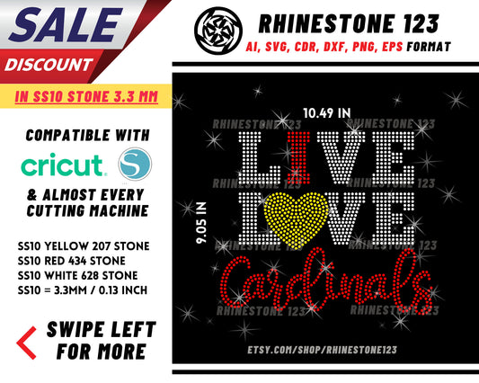 Live Love Cardinals rhinestone digital download for cricut, svg, eps, png, dxf, cdr, SS10