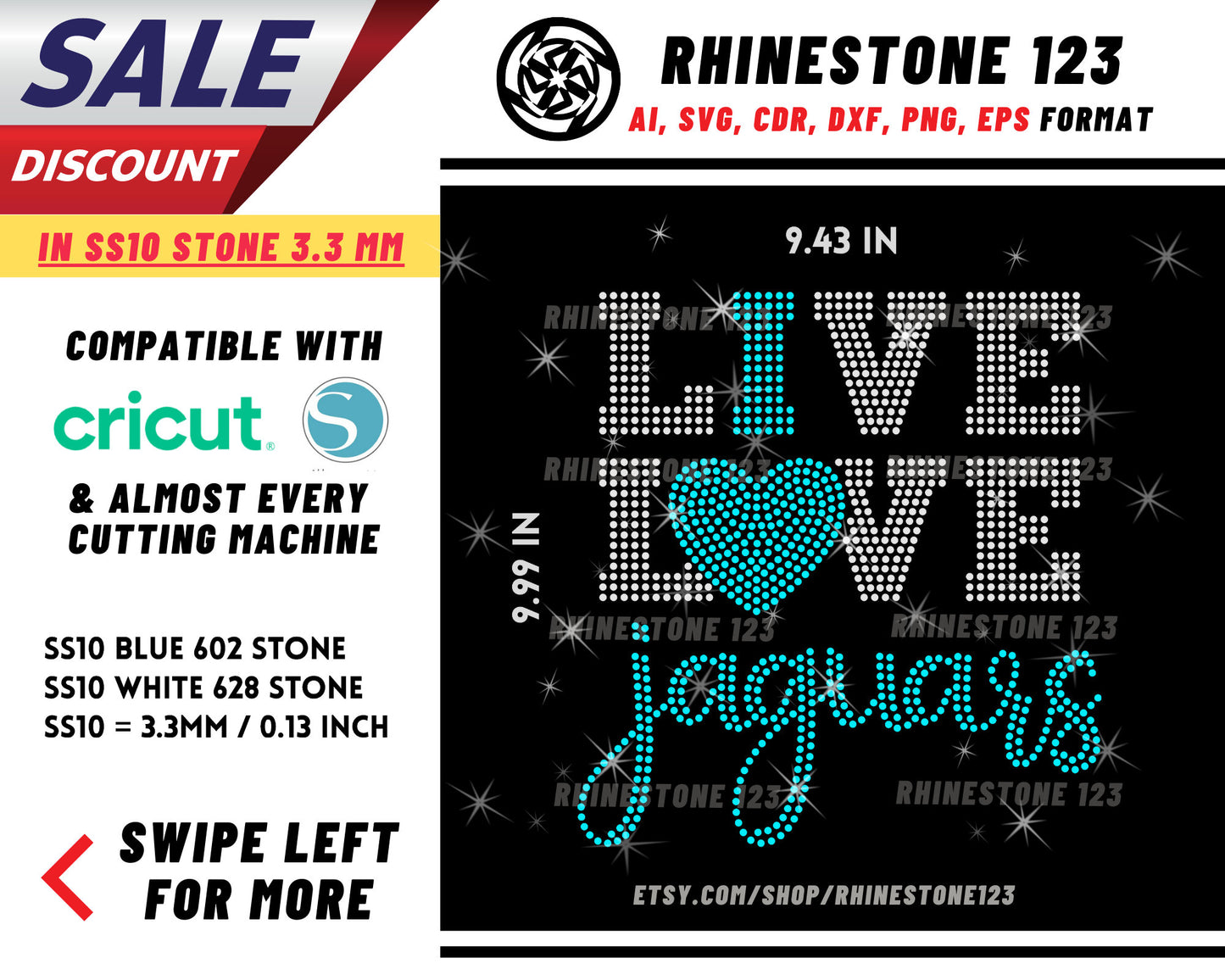 Live Love Jaguars rhinestone digital download for cricut, svg, eps, png, dxf, cdr, SS10