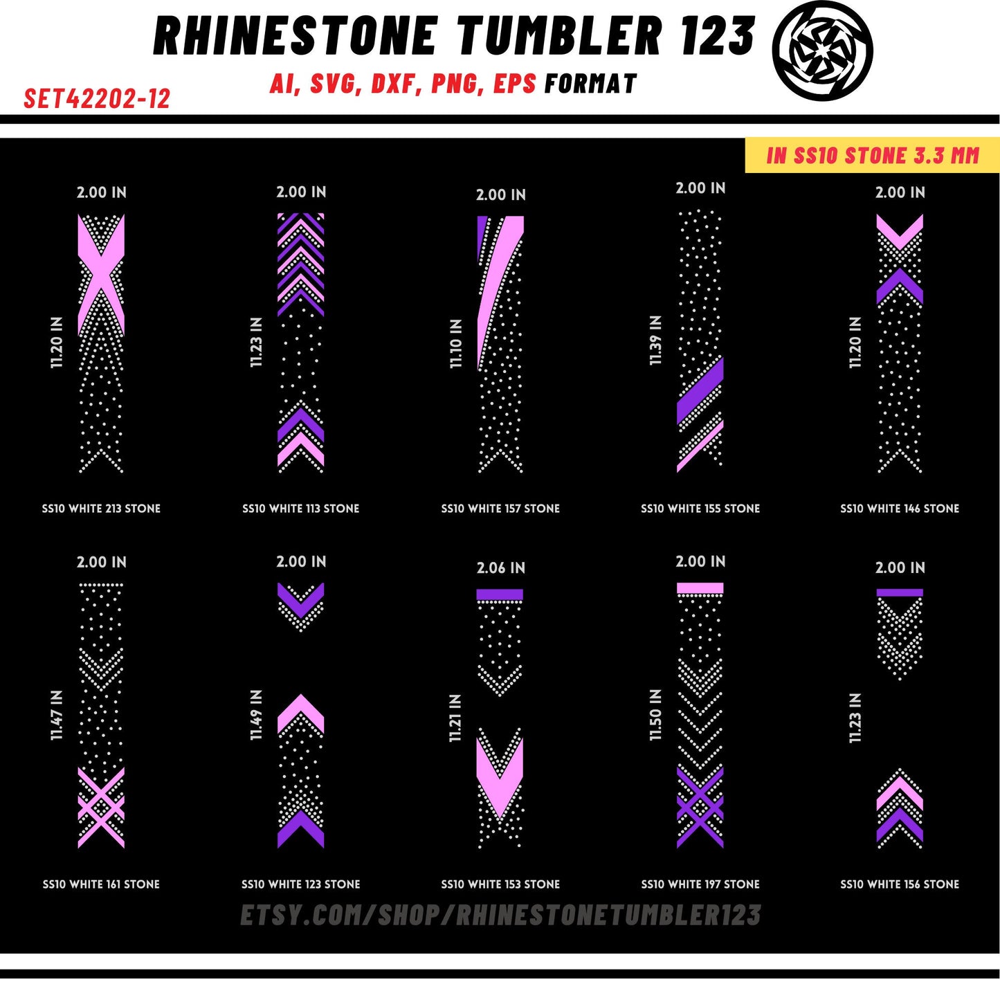 10 Cheer Bow Rhinestone Template with HTV, V tail, 2 inch rhinestone digital download for cricut, svg, eps, png, dxf, cdr, SS10 SET42202-12