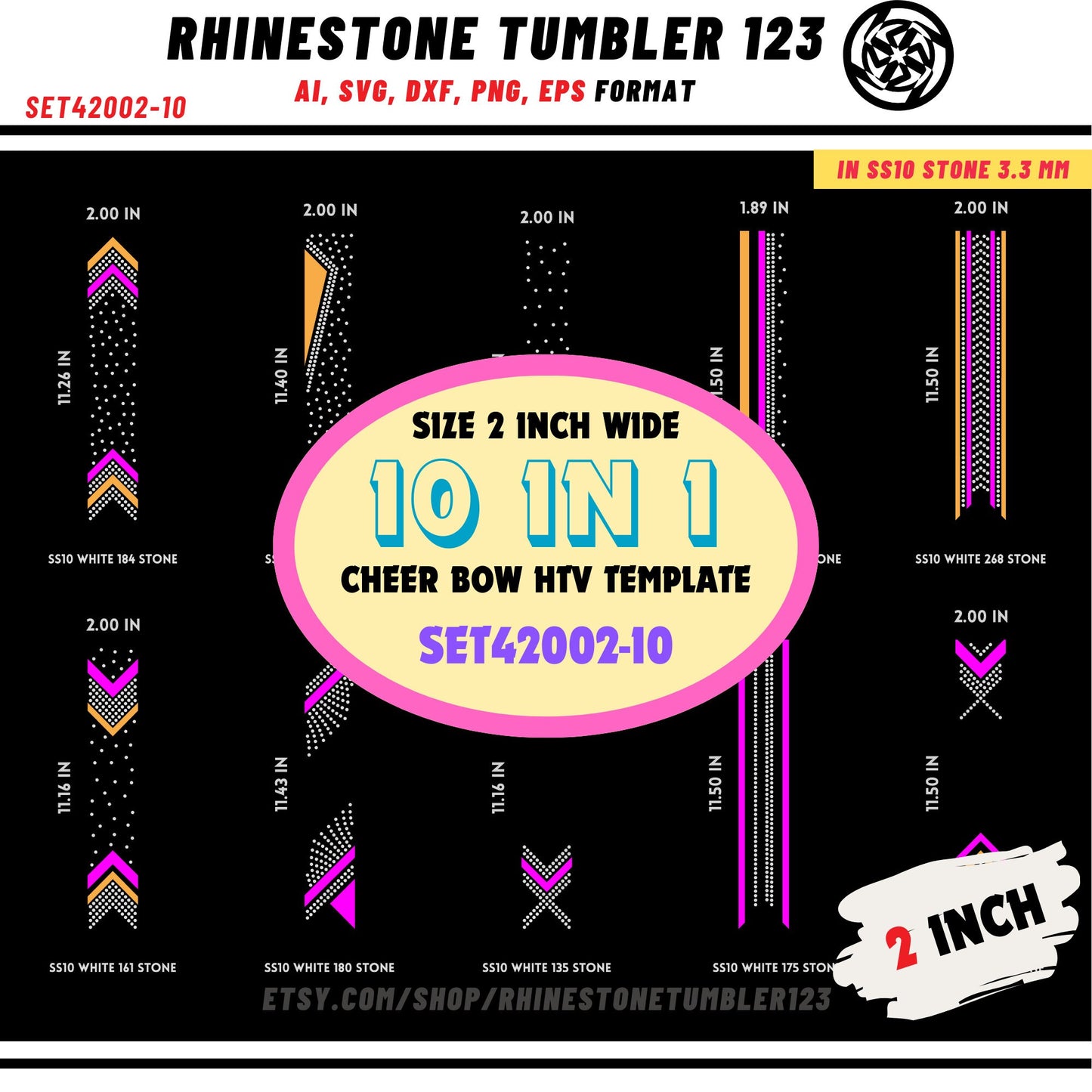 10 Cheer Bow Rhinestone Template with HTV, V tail, 2 inch rhinestone digital download for cricut, svg, eps, png, dxf, cdr, SS10 SET42002-10