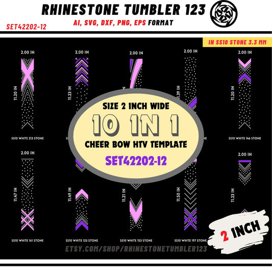 10 Cheer Bow Rhinestone Template with HTV, V tail, 2 inch rhinestone digital download for cricut, svg, eps, png, dxf, cdr, SS10 SET42202-12