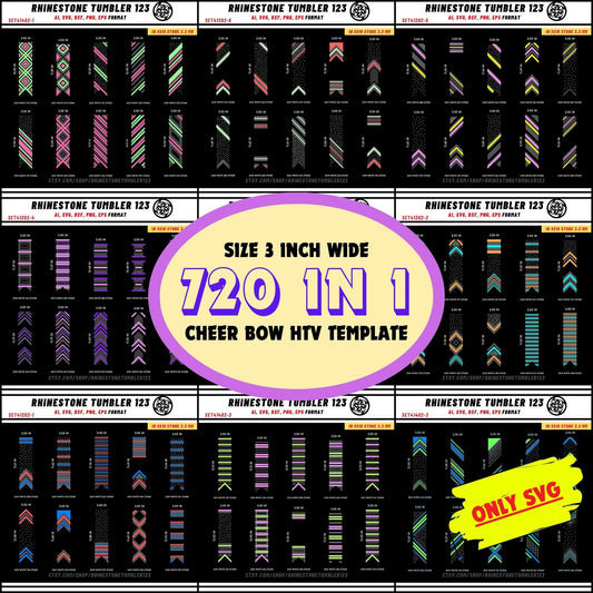 BUNDLE 720 Cheer Bow Rhinestone Template with HTV, V tail, 3 inch rhinestone digital download for cricut, svg files only, SS10 Template